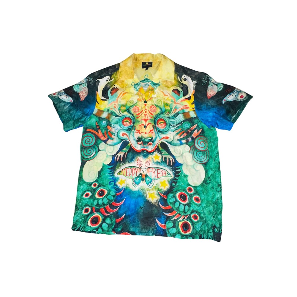 Teddy Fresh 100% Silk Short Sleeve Psychedelic Camp Shirt Mens Green Blue Dragon